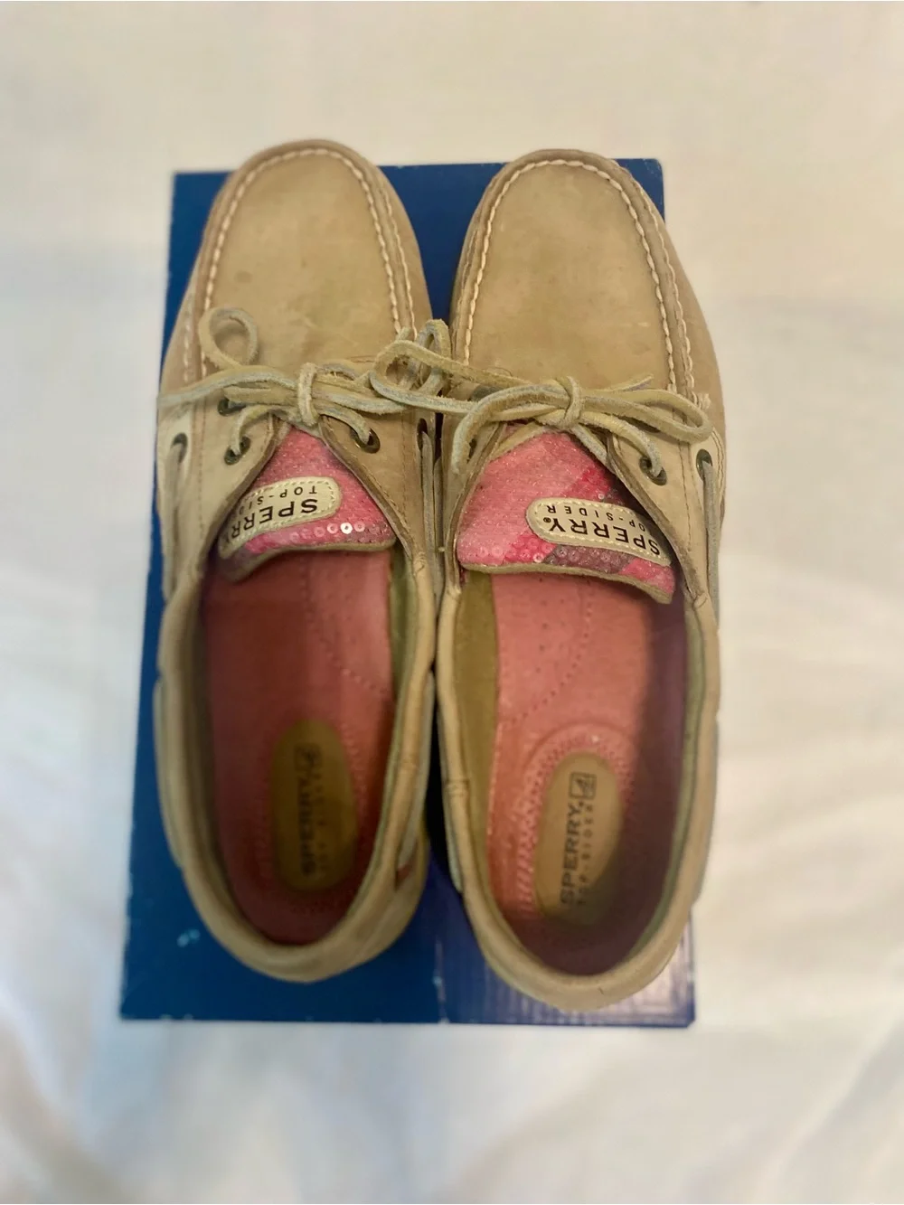 Sperry Bluefish Linen Rose Plaid Sequin Tan & Pink Leather Sequin Boat Shoes 9